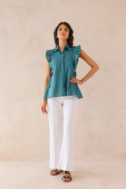 Teal Green Ruffle Shirt