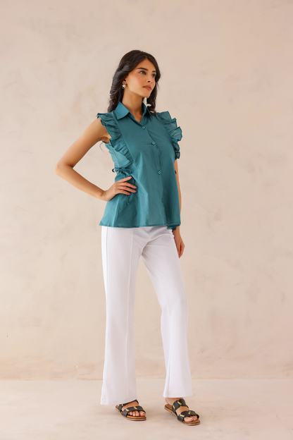 Teal Green Ruffle Shirt