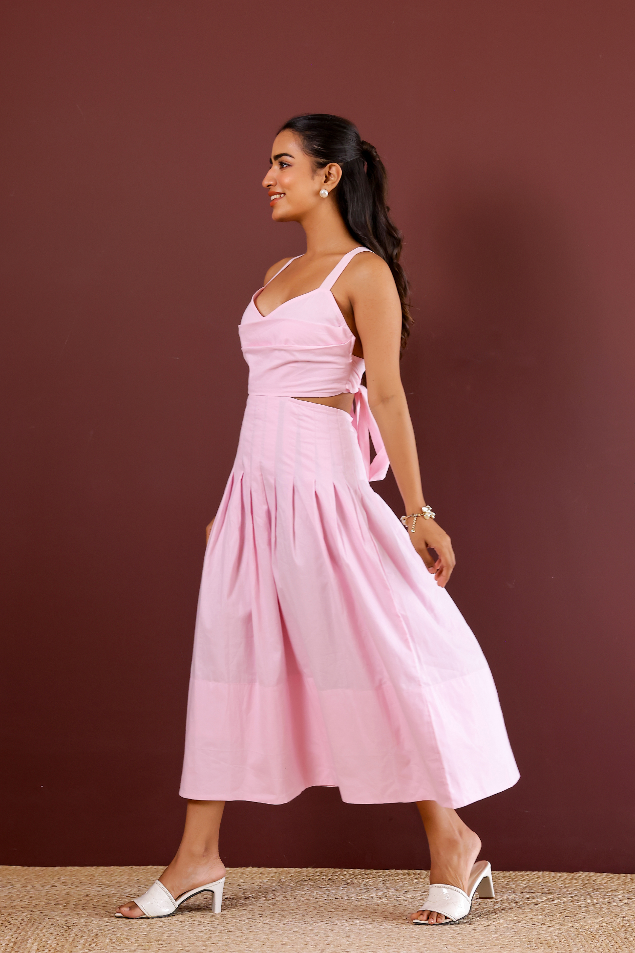Baby Pink Pleated Midi Dress