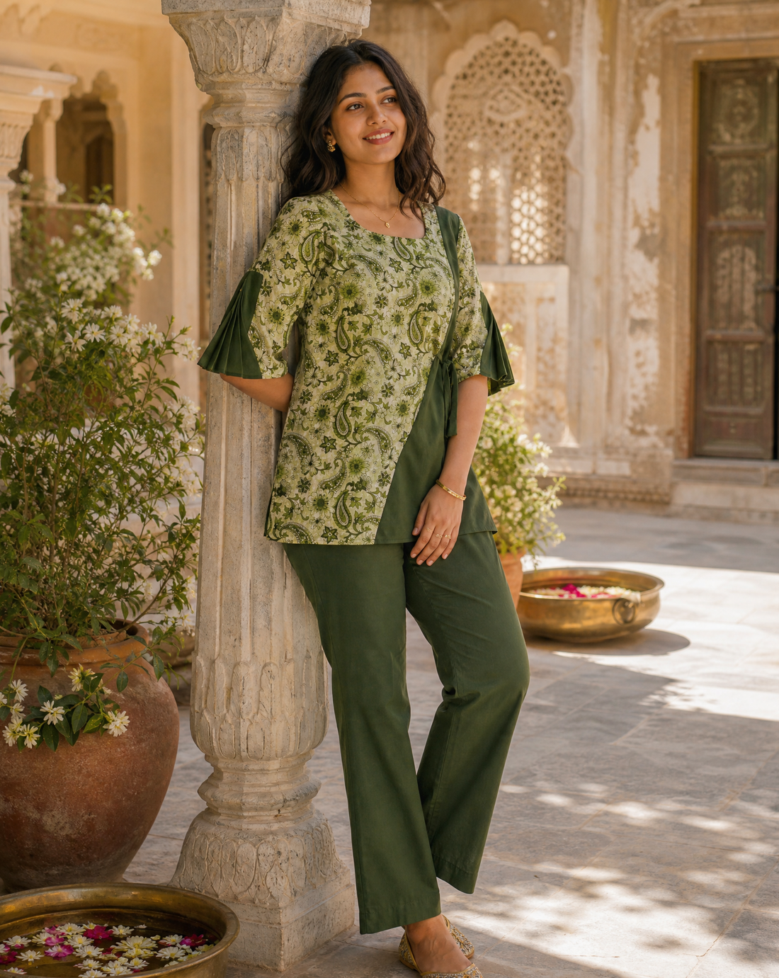 Woman in a green floral top and pants standing in an outdoor setting with architectural elements and plants.