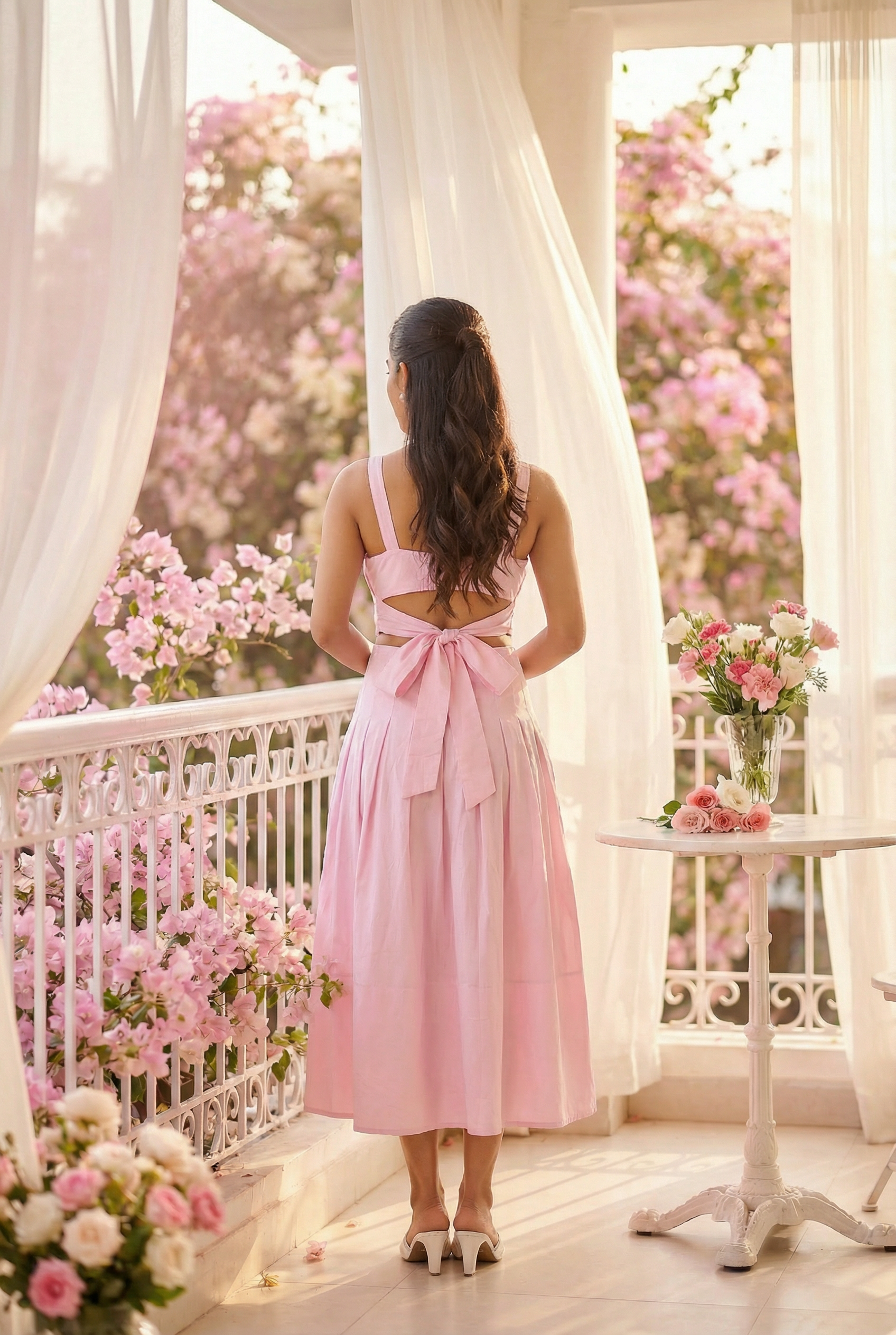 Baby Pink Pleated Midi Dress