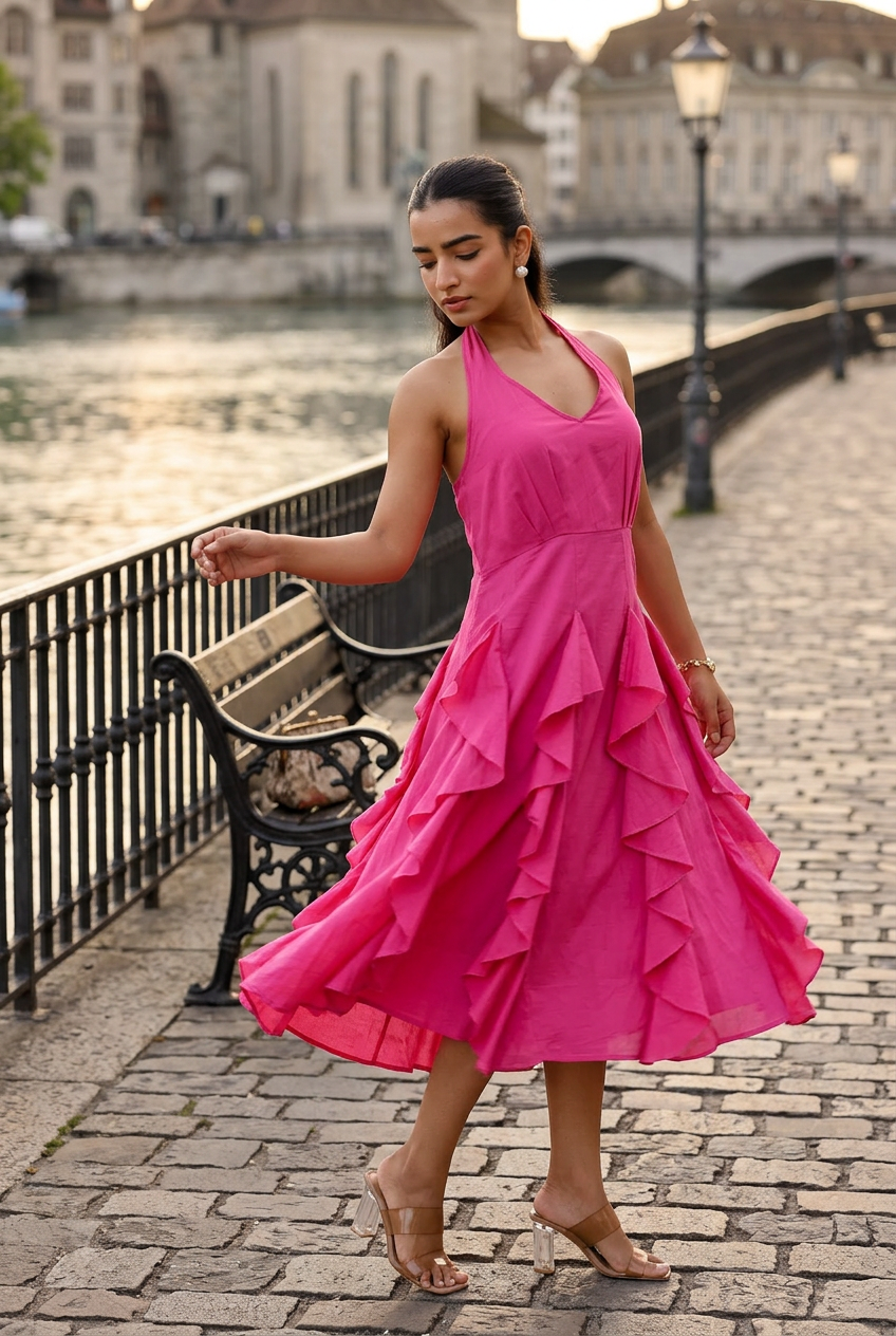 Fuchsia Ruffle Dress for Women – Homansi India