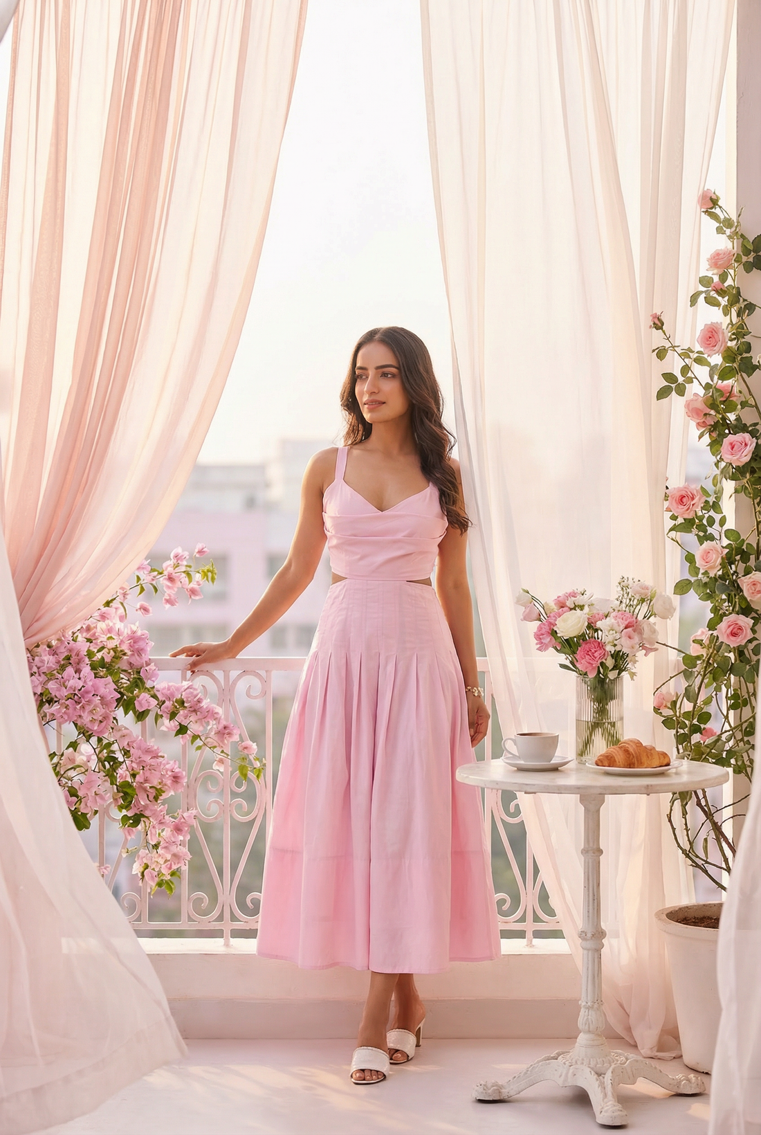 Baby Pink Pleated Midi Dress